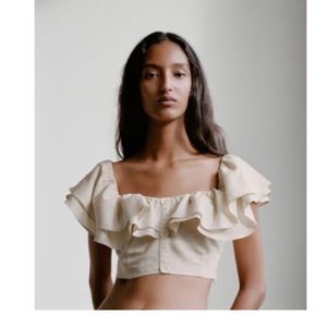 ZARA Cropped linen blend ruffled top